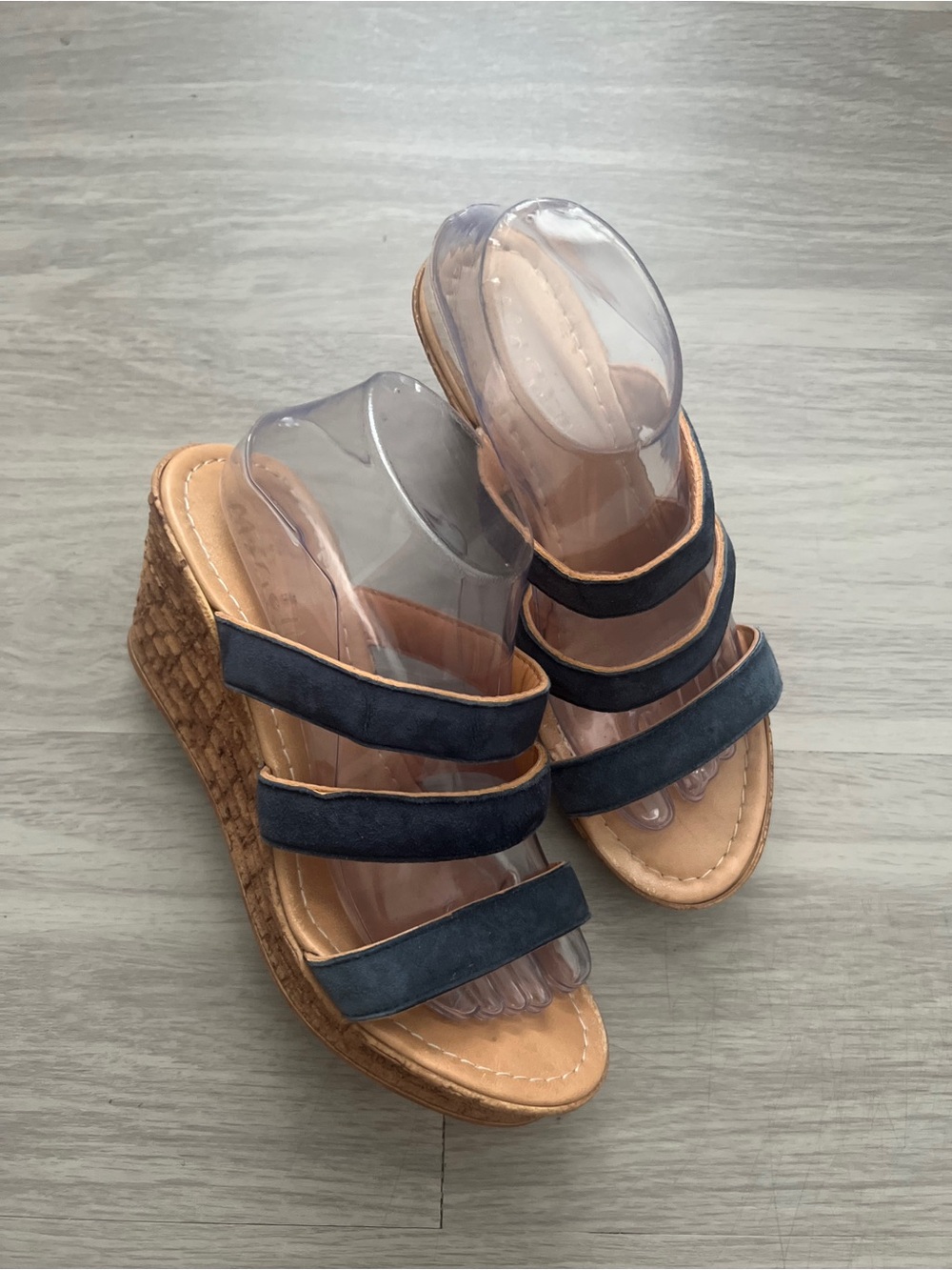 Mariella Navy Blue Suede Cork Wedge Sandals Size 9M
